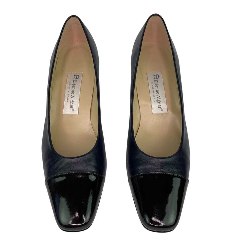 Etienne Aigner Navy Blue Leather Brown Toe Pumps Heels Women's Sz 8.5 M - Picture 3 of 16